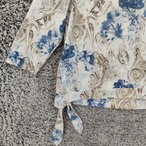 Chicos Womens Coastal Romantic Floral Paisley Side Tie Top 2 Large Blue White - Picture 13 of 16